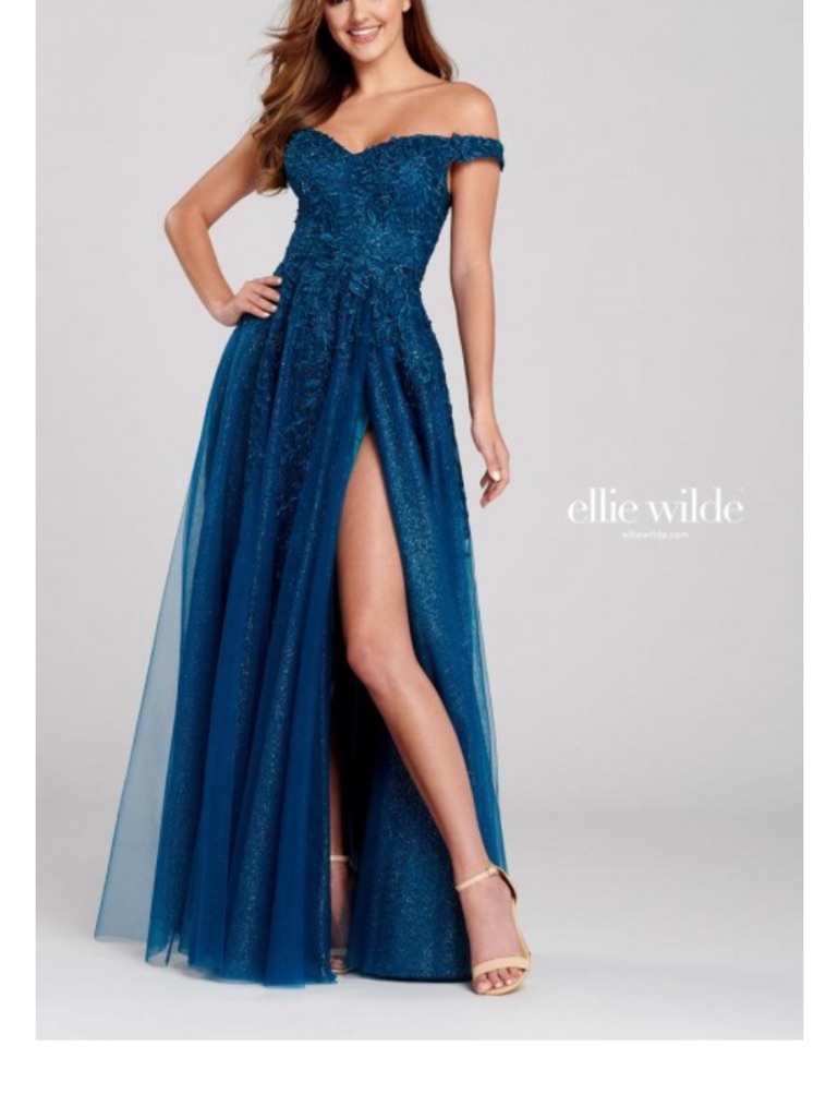 Ellie Wilde Navy Beaded Off-Shoulder Evening Gown